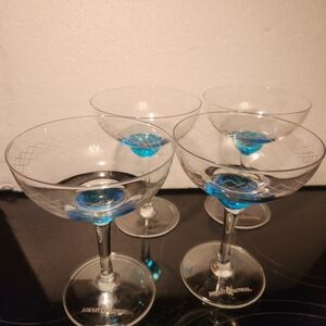 4 Blue Dot Bombay Sapphire Hand Blown Etched Martini Glasses